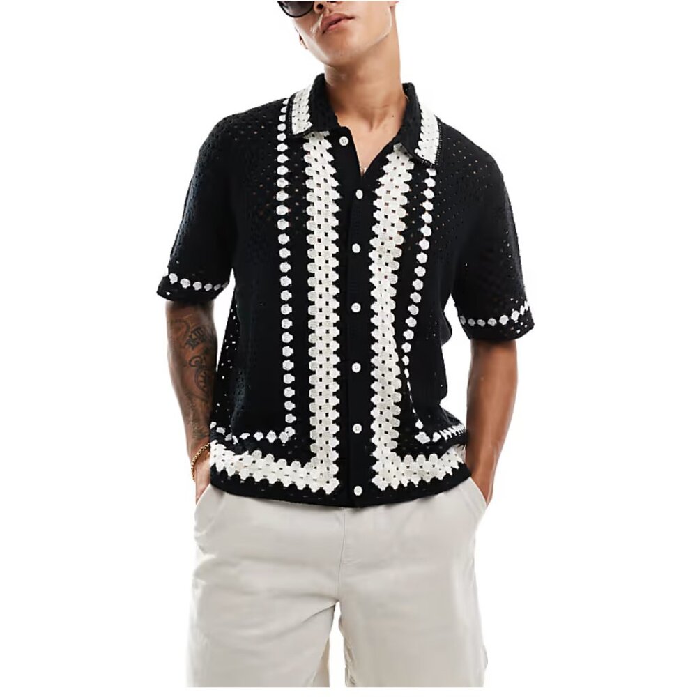 Abercrombie & Fitch Black and Cream Crochet Knit Polo Size L